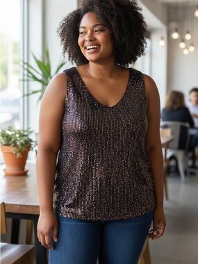 Iridescent Black Sequin Tank Top - Sparkle-Trim Scoop Neck